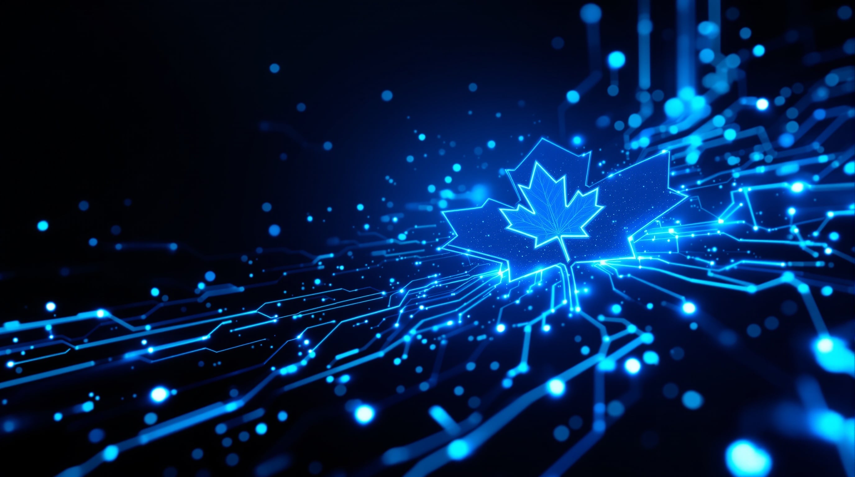 Abstract visualization of Canadian AI funding flowing into technology networks with electric blue neon accents